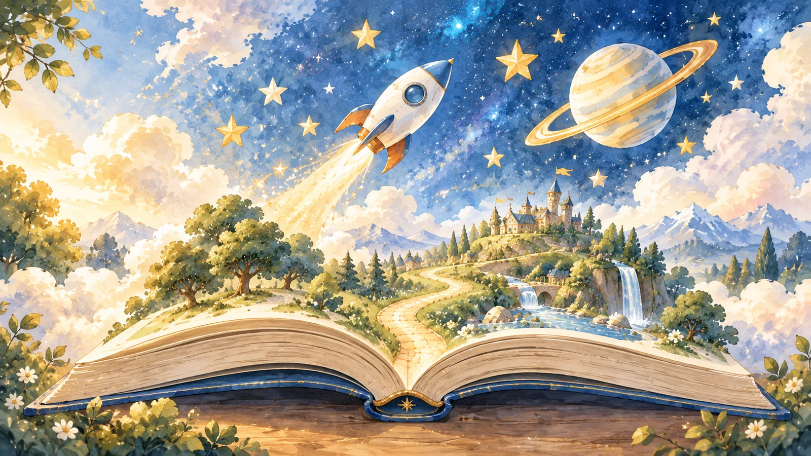 翻開書本，探索世界與知識宇宙的水彩插畫