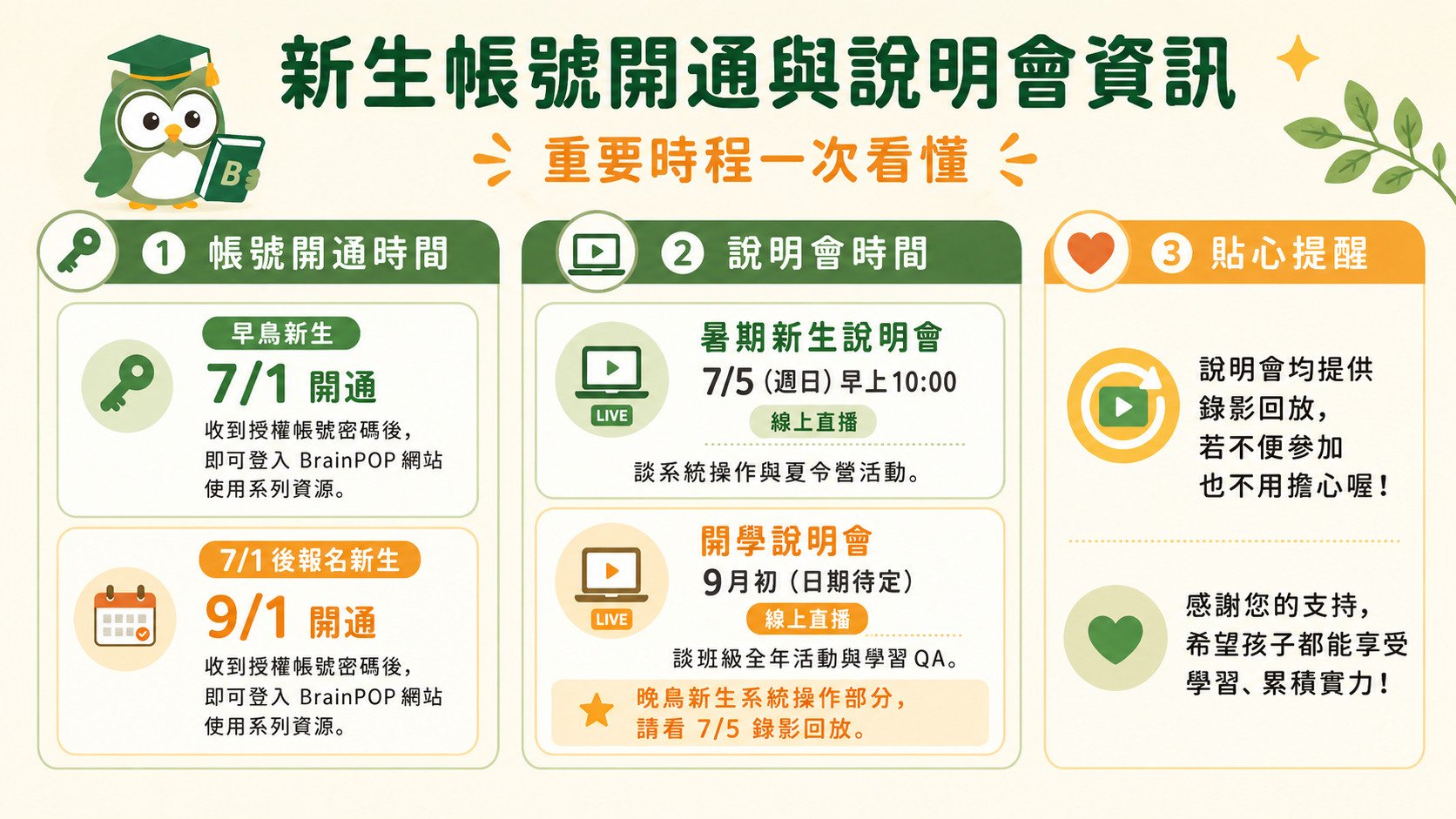 新生帳號開通與說明會資訊：重要時程一次看懂